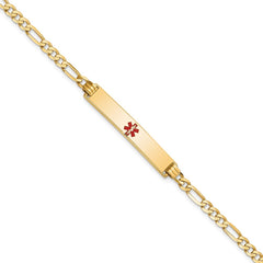 14K Medical Solid Chain/Solid Plate 34x6mm Centered Red Enamel Flat Figaro Link 8 inch ID Bracelet - 2