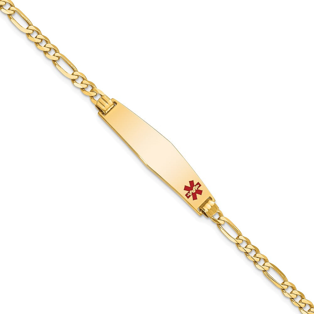 14K Medical Solid Chain/Solid Plate Soft Diamond Shape 33x8mm Off-Center Red Enamel Flat Figaro Link 7 inch ID Bracelet - 2