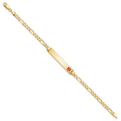 14K Medical Solid Chain/Solid Plate 33x6mm Off-Center Red Enamel Flat Figaro Link 7 inch ID Bracelet