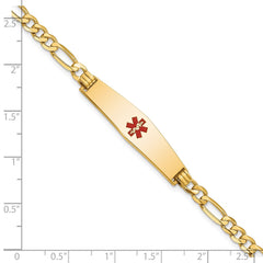 14K Medical Solid Chain/Solid Plate Soft Diamond Shape 33x8mm Centered Red Enamel Flat Figaro Link 8 inch ID Bracelet