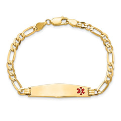 14K Medical Solid Chain/Solid Plate Soft Diamond Shape 33x8mm Off-Center Red Enamel Flat Figaro Link 8 inch ID Bracelet - 2