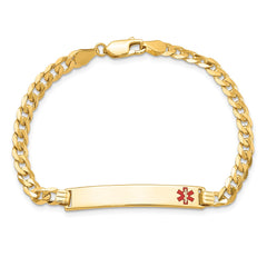 14K Medical Solid Chain/Solid Plate 33x6mm Off-Center Red Enamel Flat Curb Link 7 inch ID Bracelet