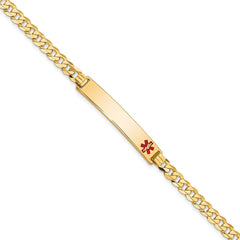 14K Medical Solid Chain/Solid Plate 33x6mm Off-Center Red Enamel Flat Curb Link 7 inch ID Bracelet