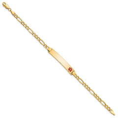 14K Medical Semi-Solid Chain/Solid Plate 35x6mm Off-Center Red Enamel Figaro Link 8 inch ID Bracelet