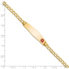 14K Medical Semi-Solid Chain/Solid Plate Soft Diamond Shape 34x8mm Off-Center Red Enamel Curb Link 7 inch ID Bracelet