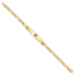 14K Medical Solid Chain/Solid Plate Soft Diamond Shape 36x9mm Centered Red Enamel Figaro Link 7 inch ID Bracelet