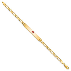 14K Medical Solid Chain/Solid Plate 37x6mm Centered Red Enamel Figaro Link 8 inch ID Bracelet