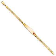 14K Medical Solid Chain/Solid Plate Soft Diamond Shape 36x9mm Off-Center Red Enamel Curb Link 7 inch ID Bracelet