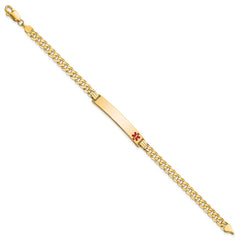 14K Medical Solid Chain/Solid Plate 37x6mm Off-Center Red Enamel Curb Link 8 inch ID Bracelet