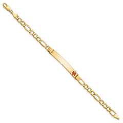 14K Medical Semi-Solid Chain/Solid Plate 37x6mm Off-Center Red Enamel Figaro Link 8 inch ID Bracelet