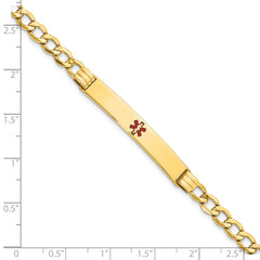 14K Medical Semi-Solid Chain/Solid Plate 37x6mm Centered Red Enamel Cuban Link 8 inch ID Bracelet
