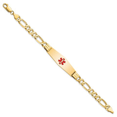 14K Medical Solid Chain/Solid Plate Soft Diamond Shape 40x12mm Centered Red Enamel Flat Figaro Link 8 inch ID Bracelet