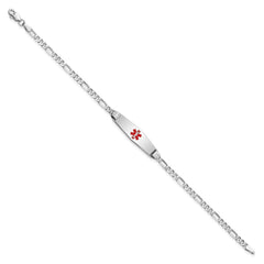 14K White Gold Medical Solid Chain/Solid Plate 24x7mm Soft Diamond Shape Centered Red Enamel Figaro Link 8 inch ID Bracelet
