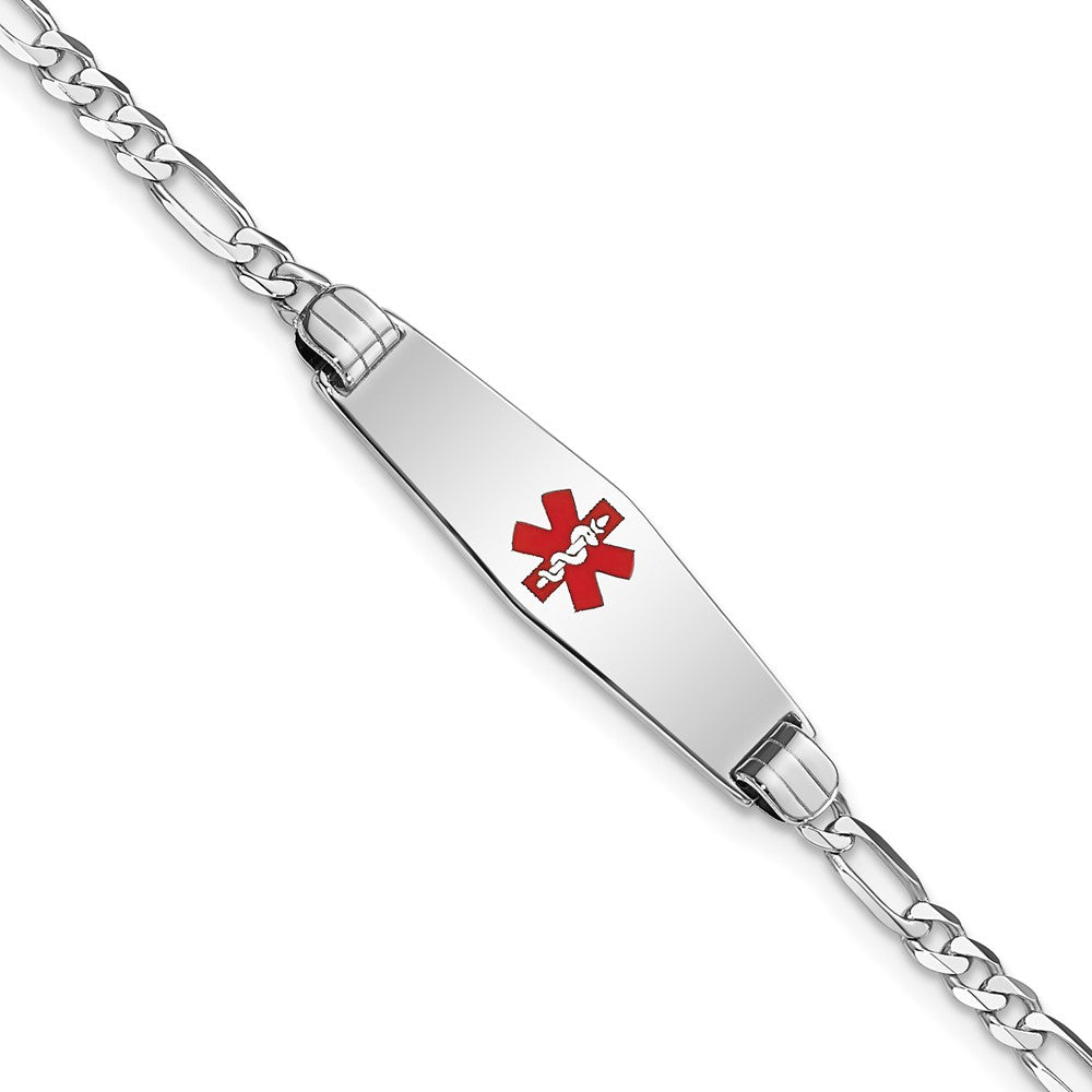 14K White Gold Medical Solid Chain/Solid Plate 24x7mm Soft Diamond Shape Centered Red Enamel Figaro Link 8 inch ID Bracelet
