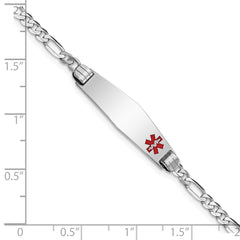 14K White Gold Medical Solid Chain/Solid Plate 26x7mm Soft Diamond Shape Off-Center Red Enamel Figaro Link 8 inch ID Bracelet