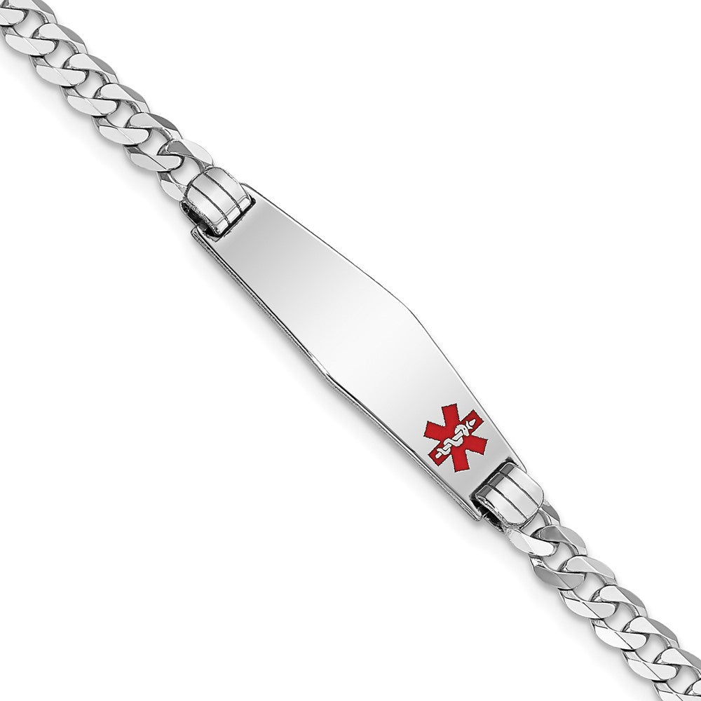 14K White Gold Medical Solid Chain/Solid Plate 26x7mm Soft Diamond Shape Off-Center Red Enamel Flat Curb Link 8 inch ID Bracelet - 2