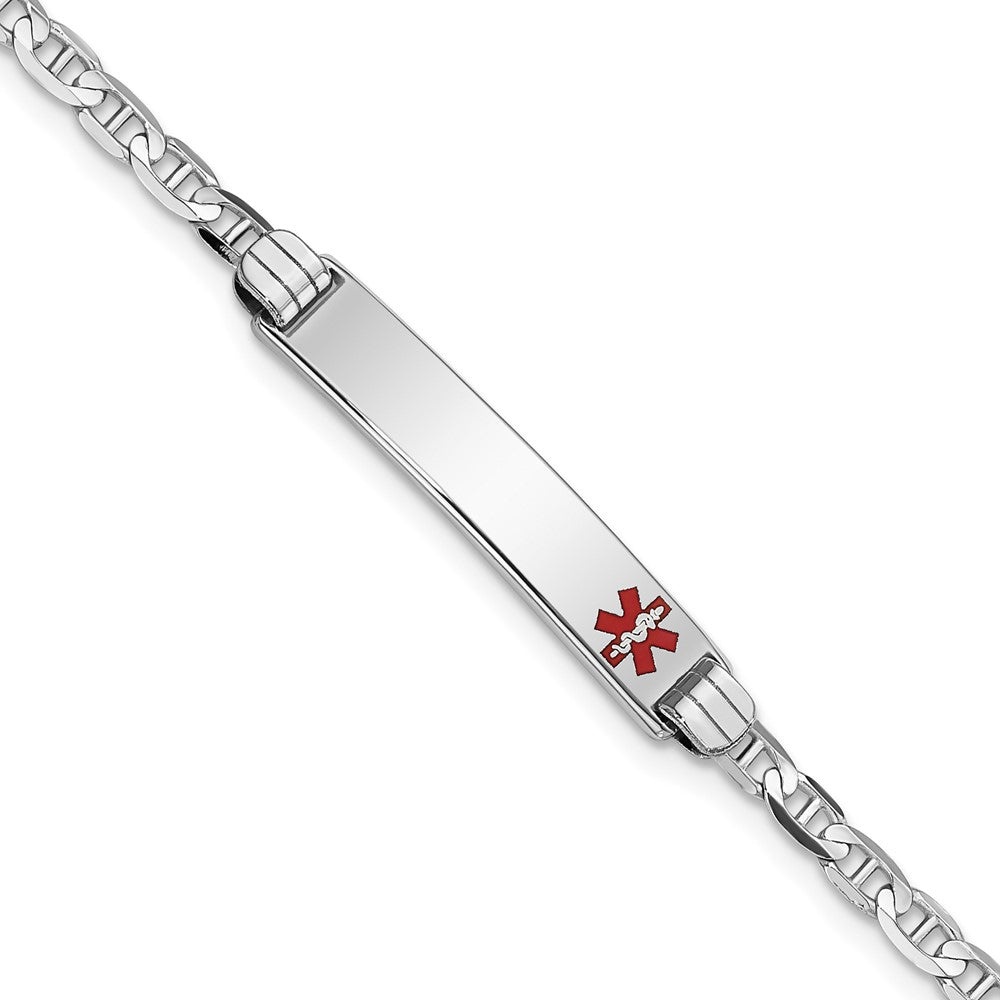 14K White Gold Medical Solid Chain/Solid Plate 26x5mm Off-Center Red Enamel Anchor Link 7 inch ID Bracelet - 2