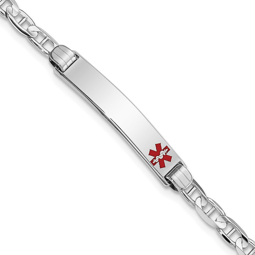 14K White Gold Medical Solid Chain/Solid Plate 26x5mm Off-Center Red Enamel Anchor Link 8 inch ID Bracelet - 2