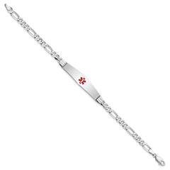 14K White Gold Medical Solid Chain/Solid Plate Soft Diamond Shape 36x9mm Centered Red Enamel Figaro Link 8 inch ID Bracelet