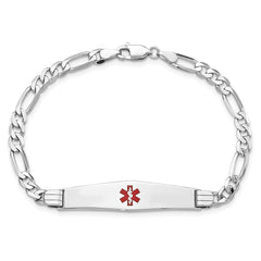 14K White Gold Medical Solid Chain/Solid Plate Soft Diamond Shape 36x9mm Centered Red Enamel Figaro Link 8 inch ID Bracelet