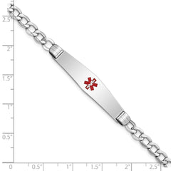 14K White Gold Medical Semi-Solid Chain/Solid Plate Soft Diamond Shape 36x9mm Centered Red Enamel Curb Link 7 inch ID Bracelet
