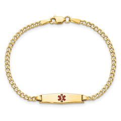 14k Medical Semi-Solid Chain/Solid Plate 20x5mm Soft Diamond Shape Centered Red Enamel Cuban Link 7 inch ID Bracelet