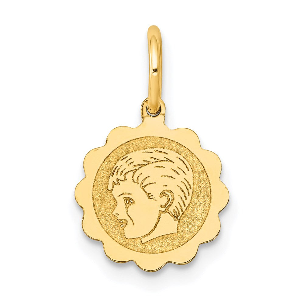 14k White Gold Boy Head on .009 Gauge Engravable Scalloped Disc Charm