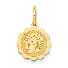 14k White Gold Boy Head on .009 Gauge Engravable Scalloped Disc Charm