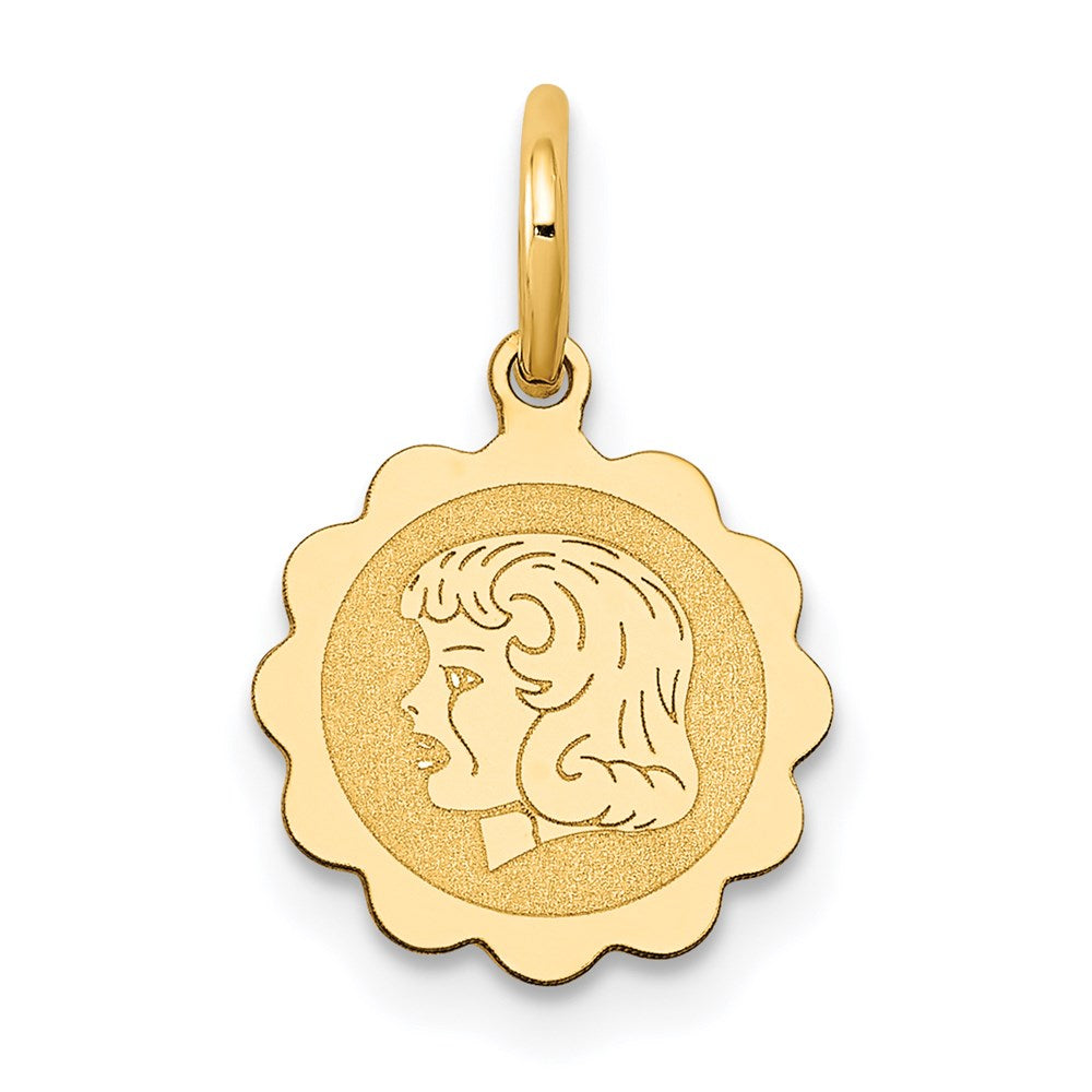 14k Girl Head on .009 Gauge Engravable Scalloped Disc Charm - 2