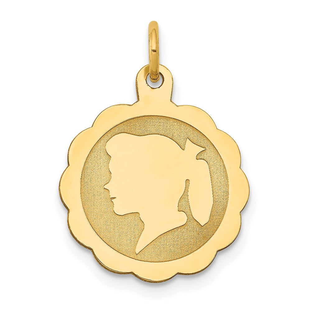 14k Girl Head on .013 Gauge Engravable Scalloped Disc Charm - 3