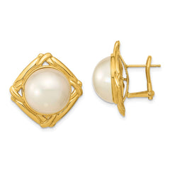 14k 13-14mm White Mabe Saltwater Cultured Pearl Omega Back Earrings - 2