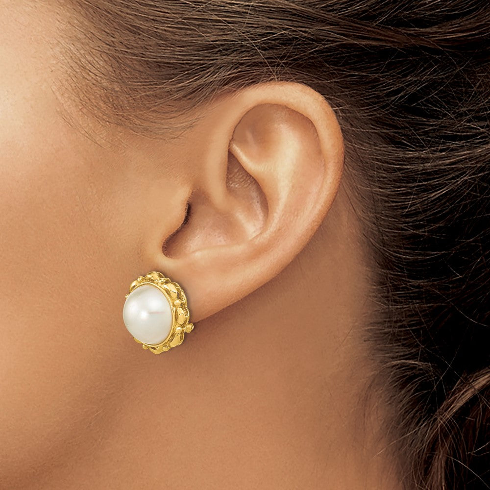 14k 13-14mm White Mabe Saltwater Cultured Pearl Omega Back Earrings - 3
