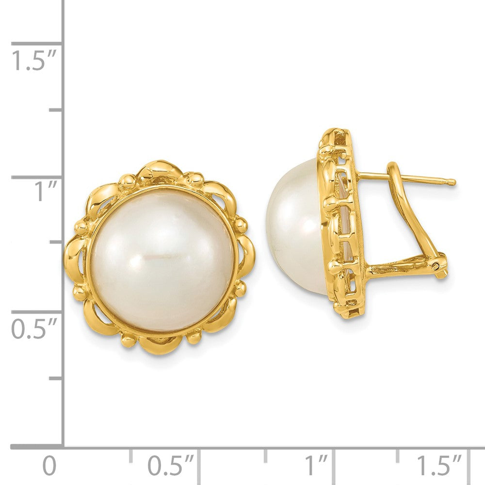14k 13-14mm White Mabe Saltwater Cultured Pearl Omega Back Earrings - 3
