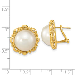 14k 13-14mm White Mabe Saltwater Cultured Pearl Omega Back Earrings - 3