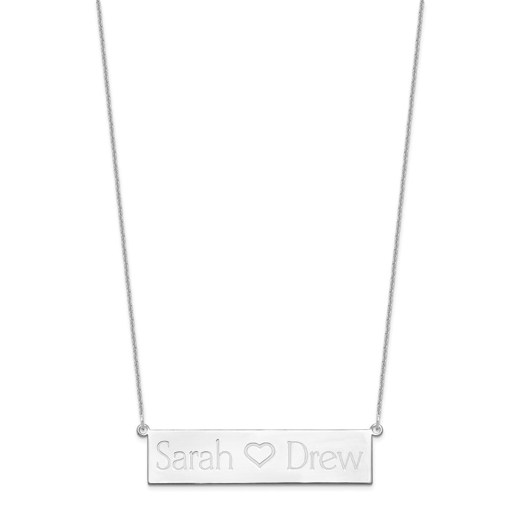 14k White Gold Brushed 2 Names and Heart Bar Necklace