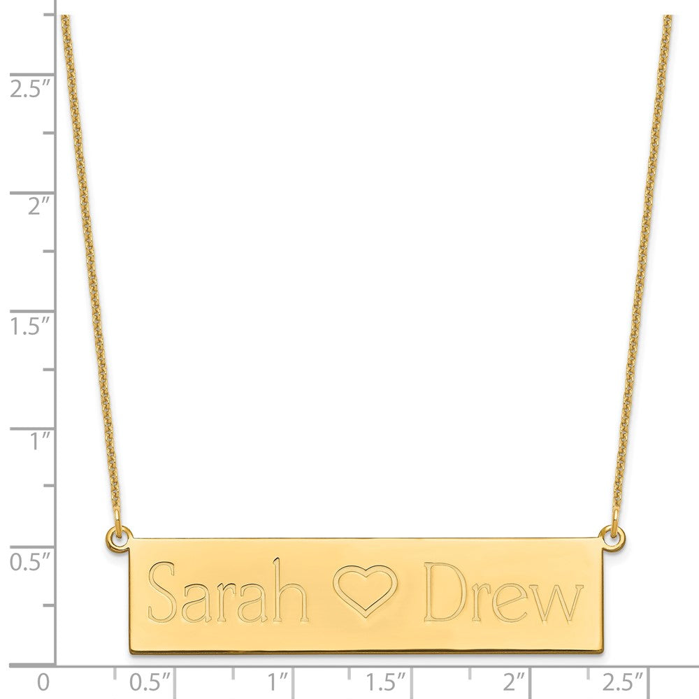 14k Yellow Gold Brushed 2 Names and Heart Bar Necklace