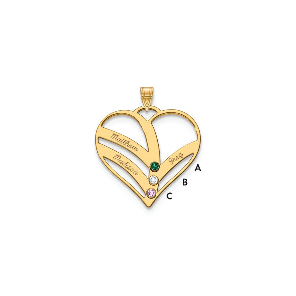 14KY 3-Name w/Birthstones w/14k Bezel Cut Out Heart Pendant