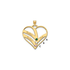 14KY 3-Name w/Birthstones w/14k Bezel Cut Out Heart Pendant