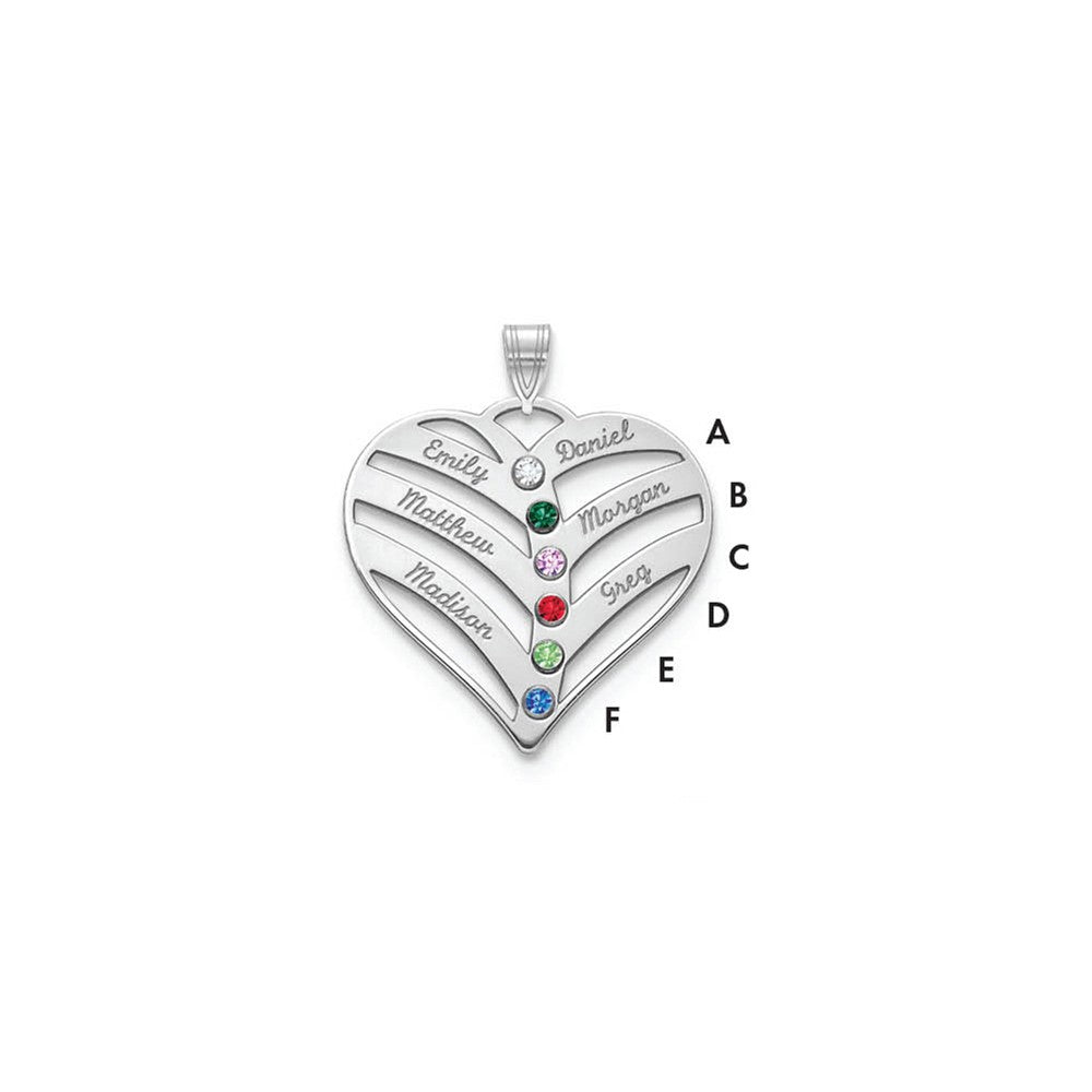 14KW 6-Name w/Birthstones w/18k Rhod-plated Bezel Cut Out Heart Pendant