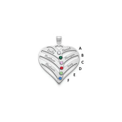 14KW 6-Name w/Birthstones w/18k Rhod-plated Bezel Cut Out Heart Pendant