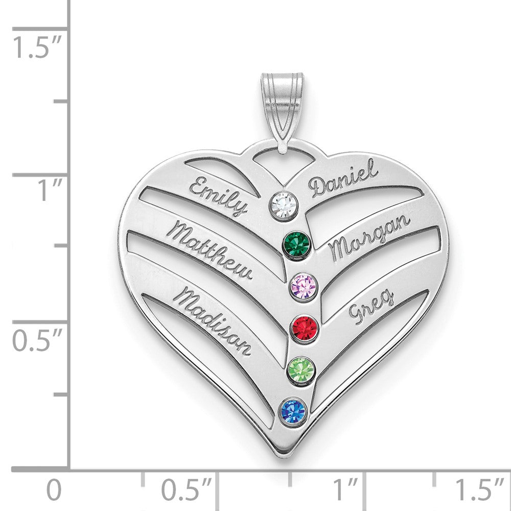 14KW 6-Name w/Birthstones w/18k Rhod-plated Bezel Cut Out Heart Pendant