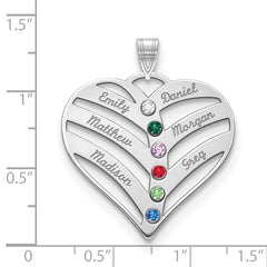 14KW 6-Name w/Birthstones w/18k Rhod-plated Bezel Cut Out Heart Pendant