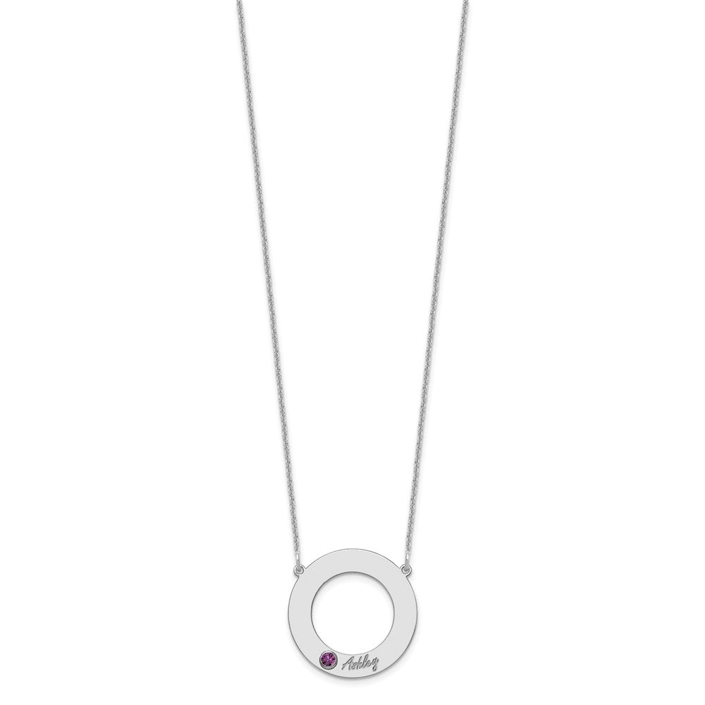 14KW 1 Name & Birthstone w/ 18k Rhodium Plated Bezel Circle Necklace