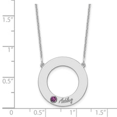 14KW 1 Name & Birthstone w/ 18k Rhodium Plated Bezel Circle Necklace