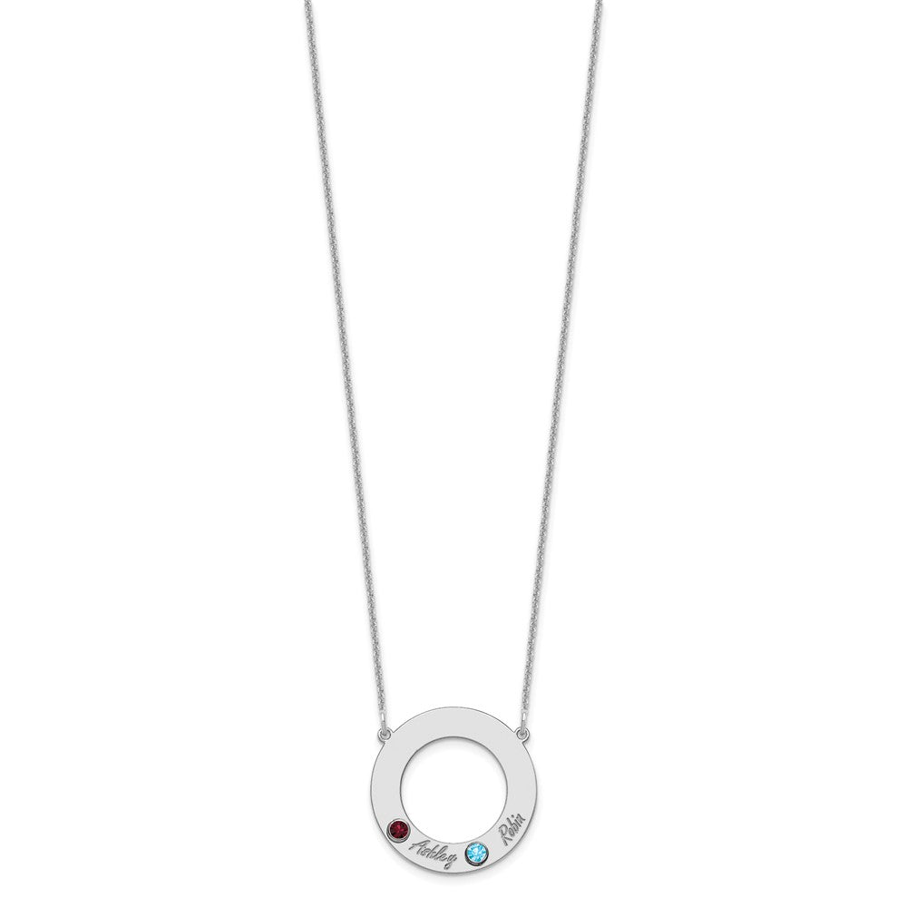 14KW 2 Name & Birthstone w/ 18k Rhodium Plated Bezel Circle Necklace