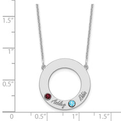 14KW 2 Name & Birthstone w/ 18k Rhodium Plated Bezel Circle Necklace