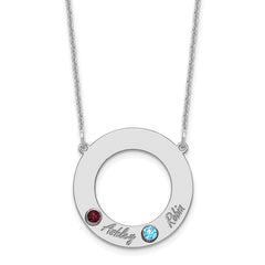 14KW 2 Name & Birthstone w/ 18k Rhodium Plated Bezel Circle Necklace