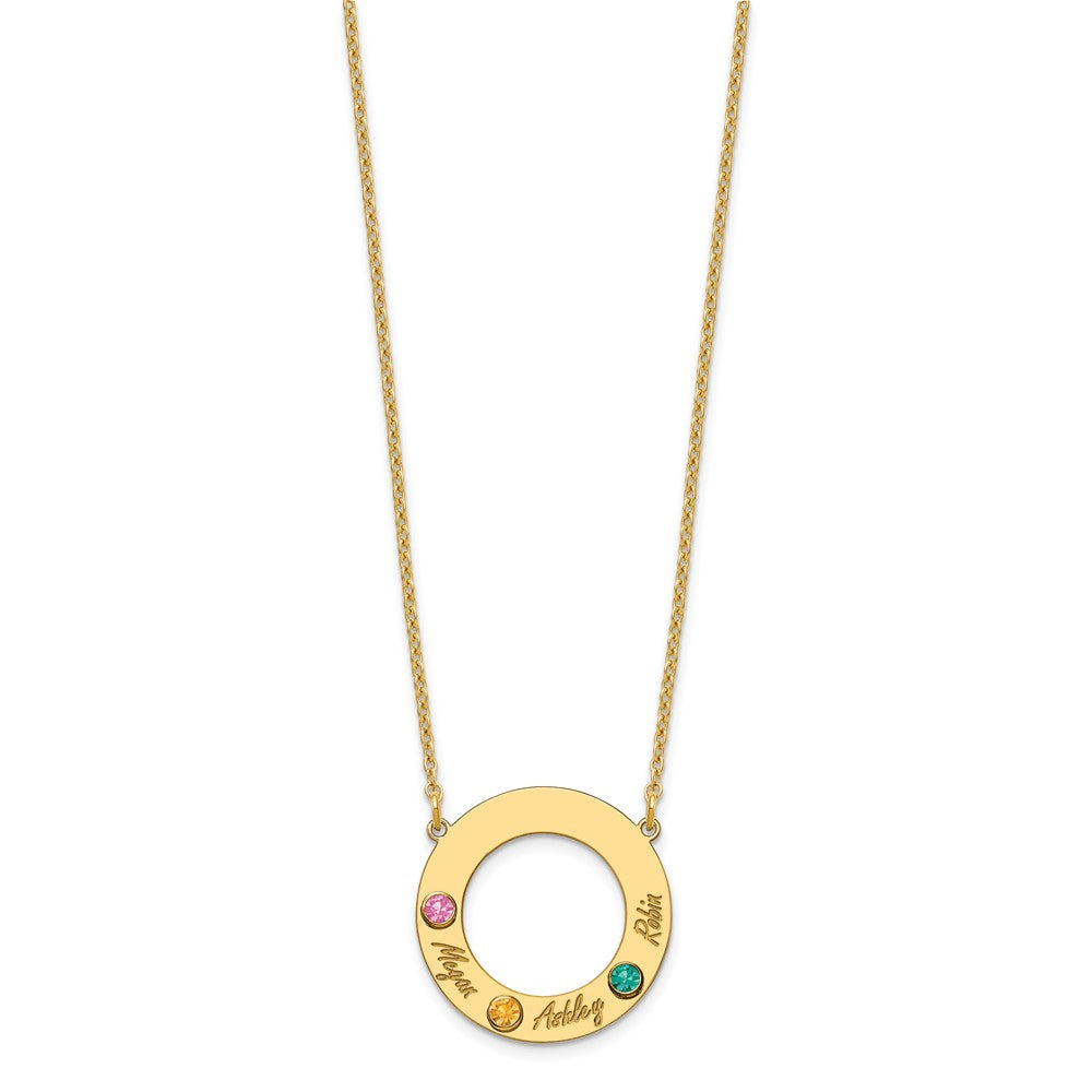 10KY 3 Name and Birthstone w/ 14k Bezel Cut Out Circle Necklace