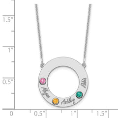 14KW 3 Name & Birthstone w/ 18k Rhodium Plated Bezel Circle Necklace