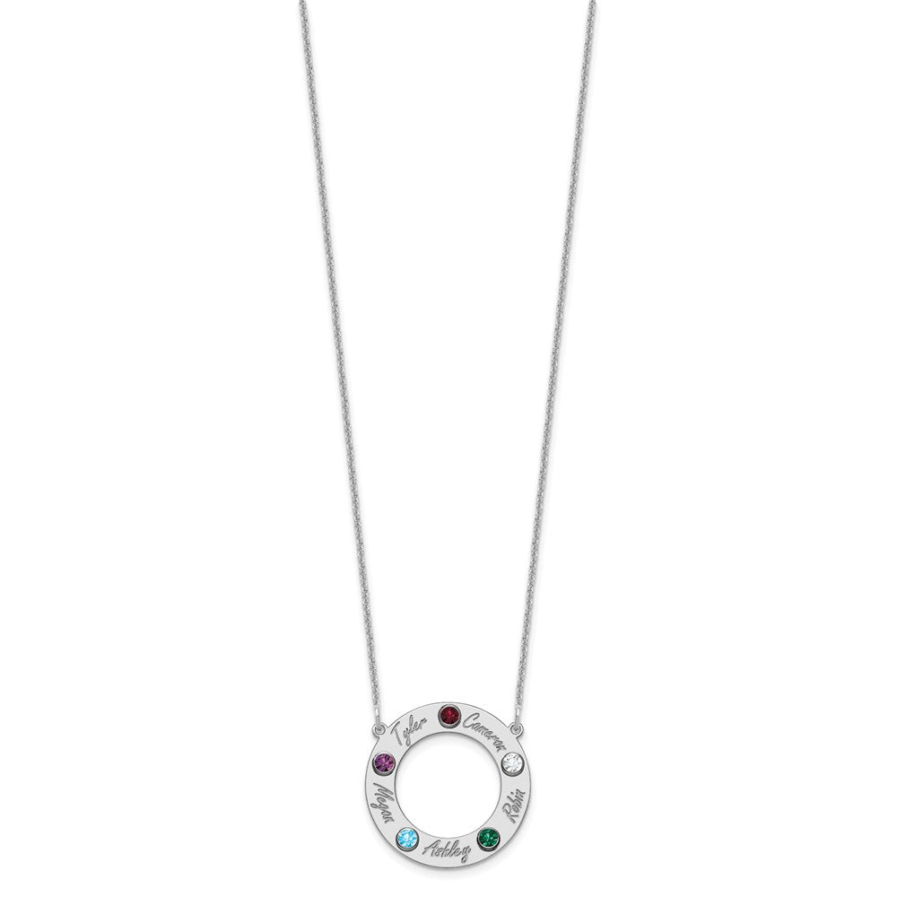 14KW 5 Name & Birthstone w/ 18k Rhodium Plated Bezel Circle Necklace